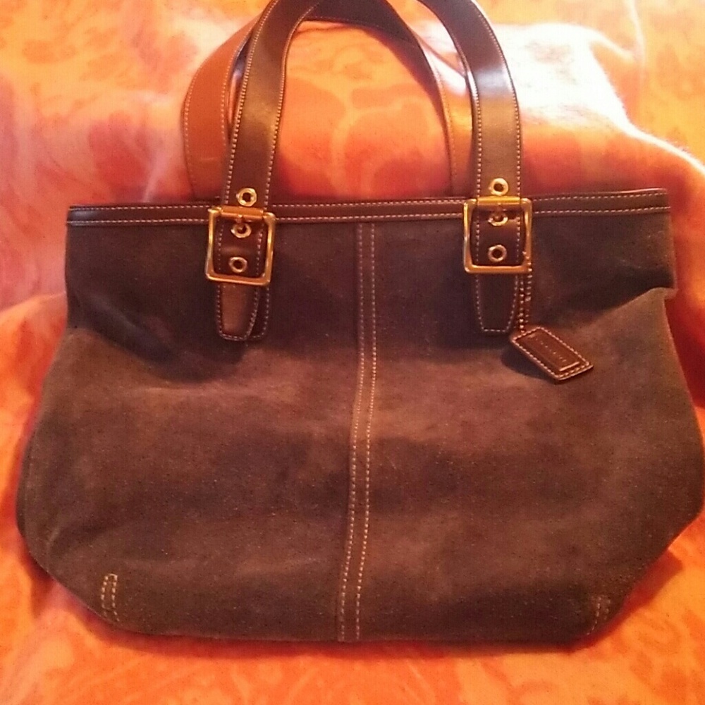 Coach Navy Blue Suede. Brown Leather Trim. Tote ba